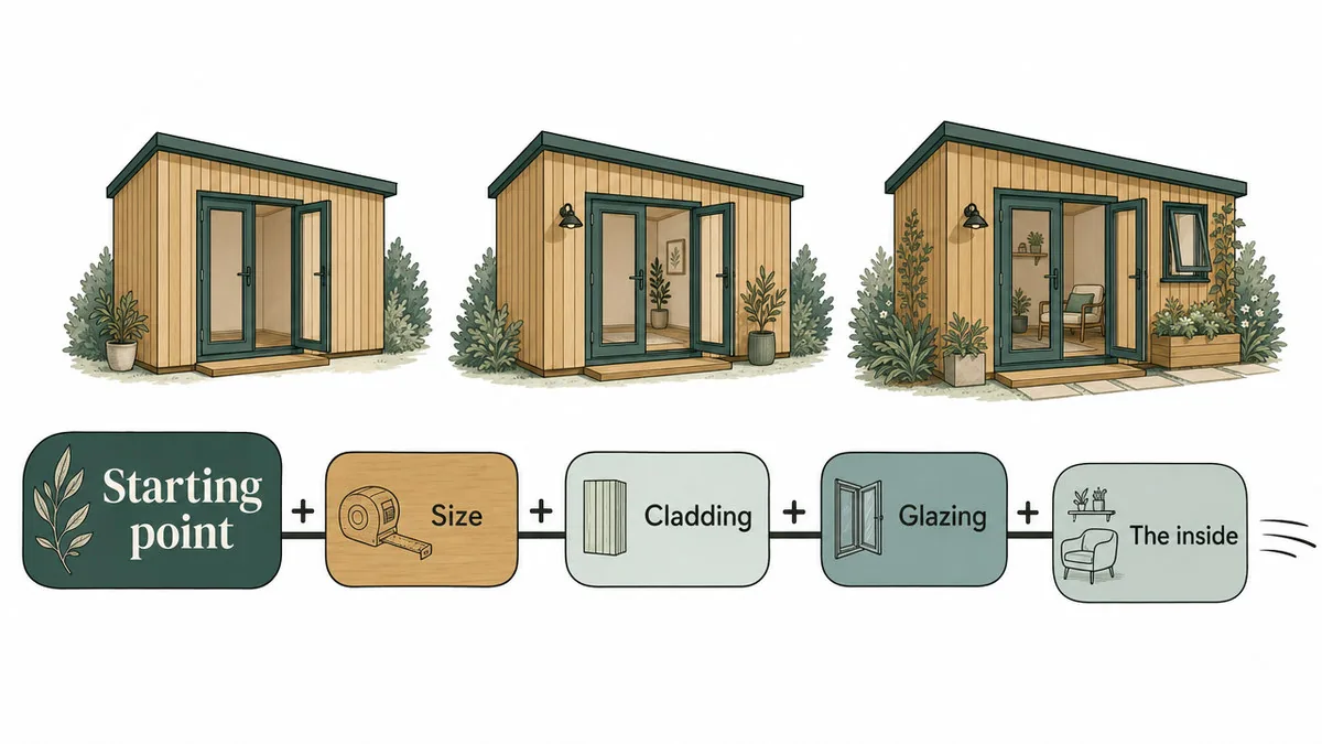 A starting point with option tiles for size, cladding, glazing and the inside adding on one by one.