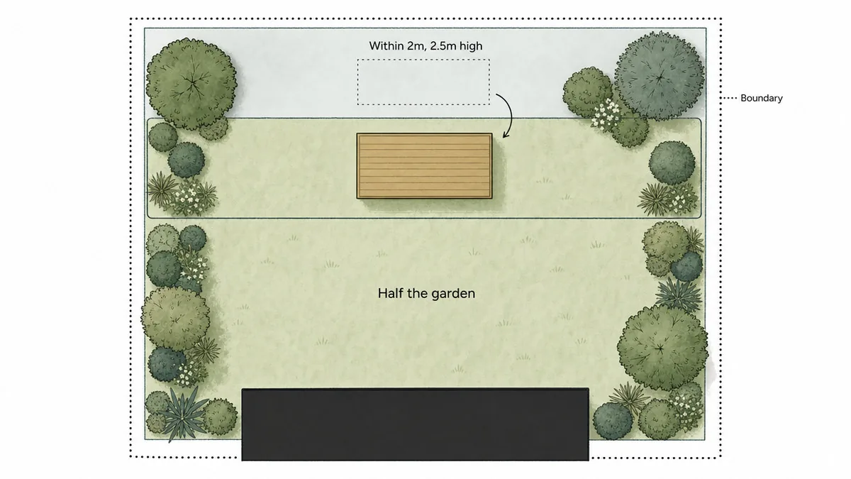 Garden plan with a room nudged out of the 2m boundary zone, keeping within half the garden.