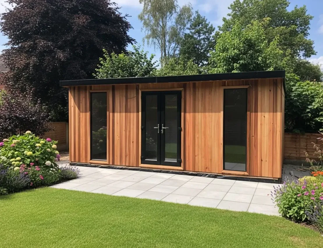 Cedar-clad garden room with glazed doors opening onto a paved patio