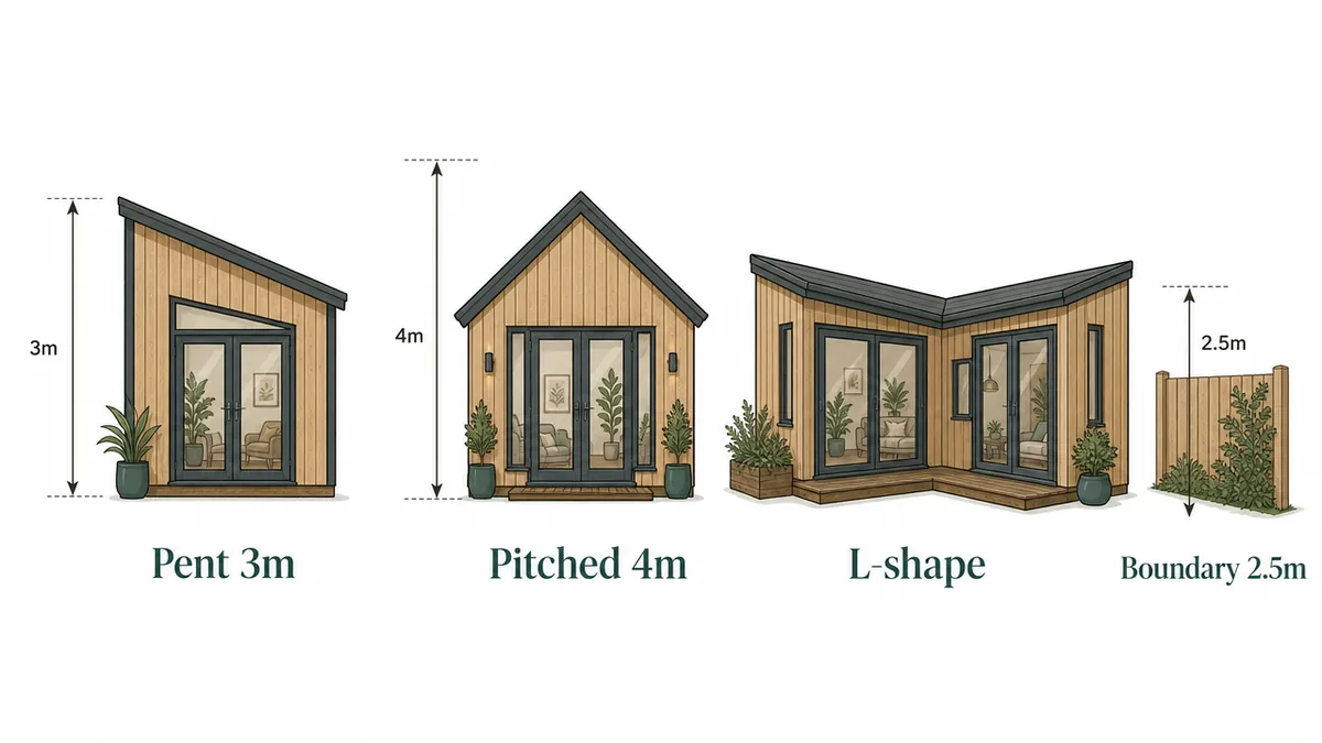 Pent, pitched and L-shape garden roofs compared with their permitted development height limits