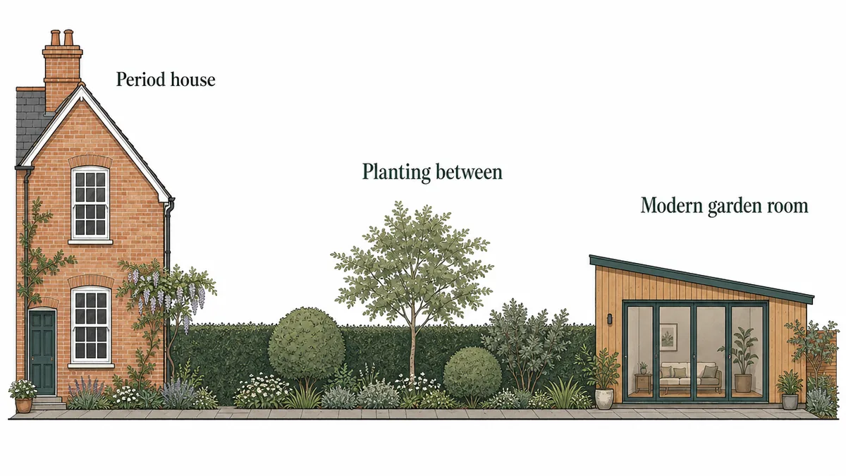 A contemporary garden room sited down the garden behind a traditional pitched-roof house