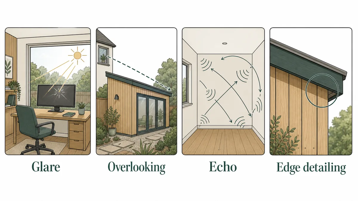 Four common problems with contemporary garden room designs: glare, overlooking, echo and edge detailing