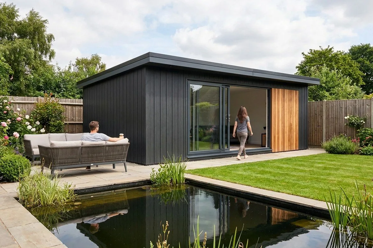 Black contemporary garden room with floor-to-ceiling glazing beside a garden pond