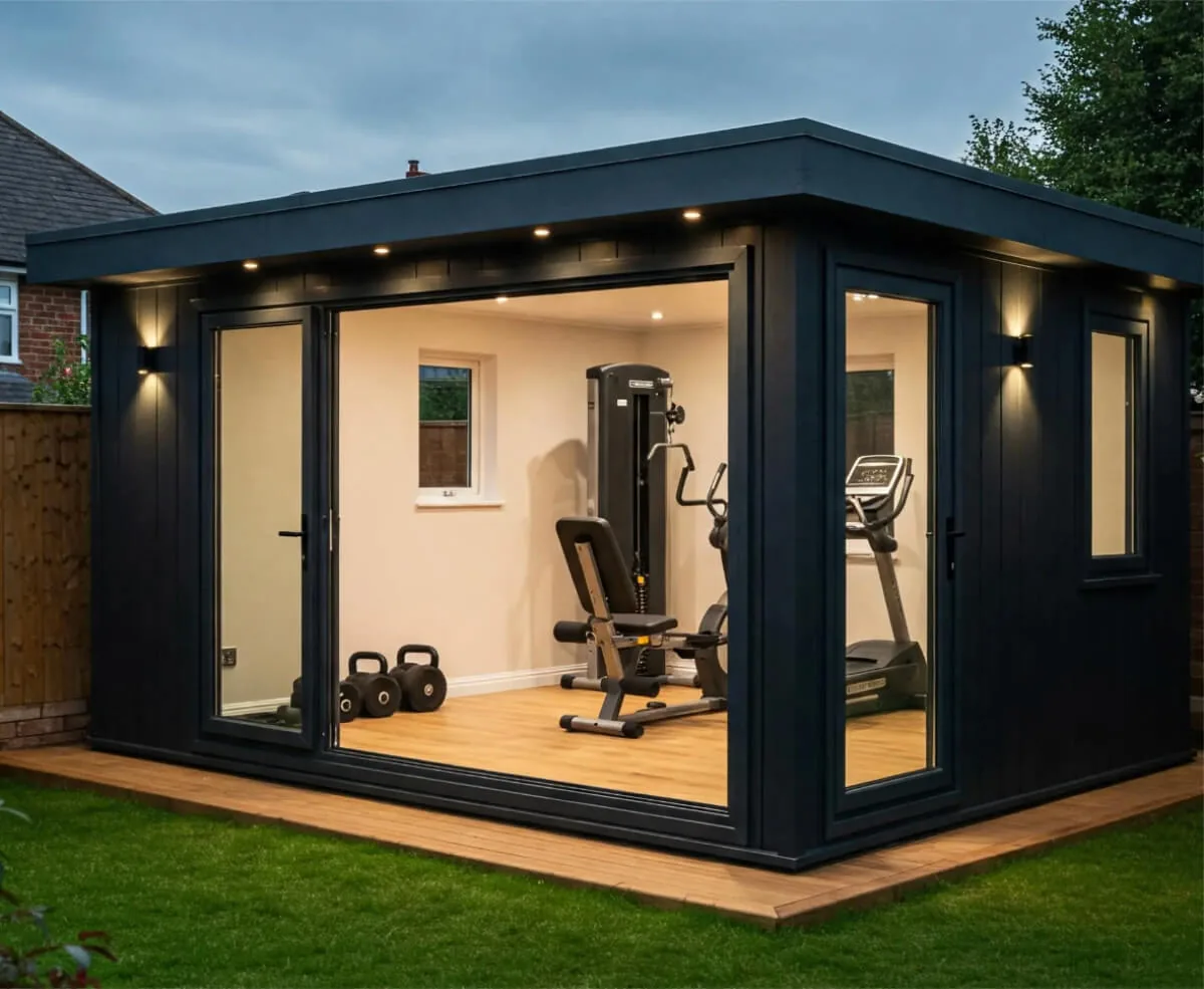 Composite garden gym lit up at dusk, with a weights rack and bench inside