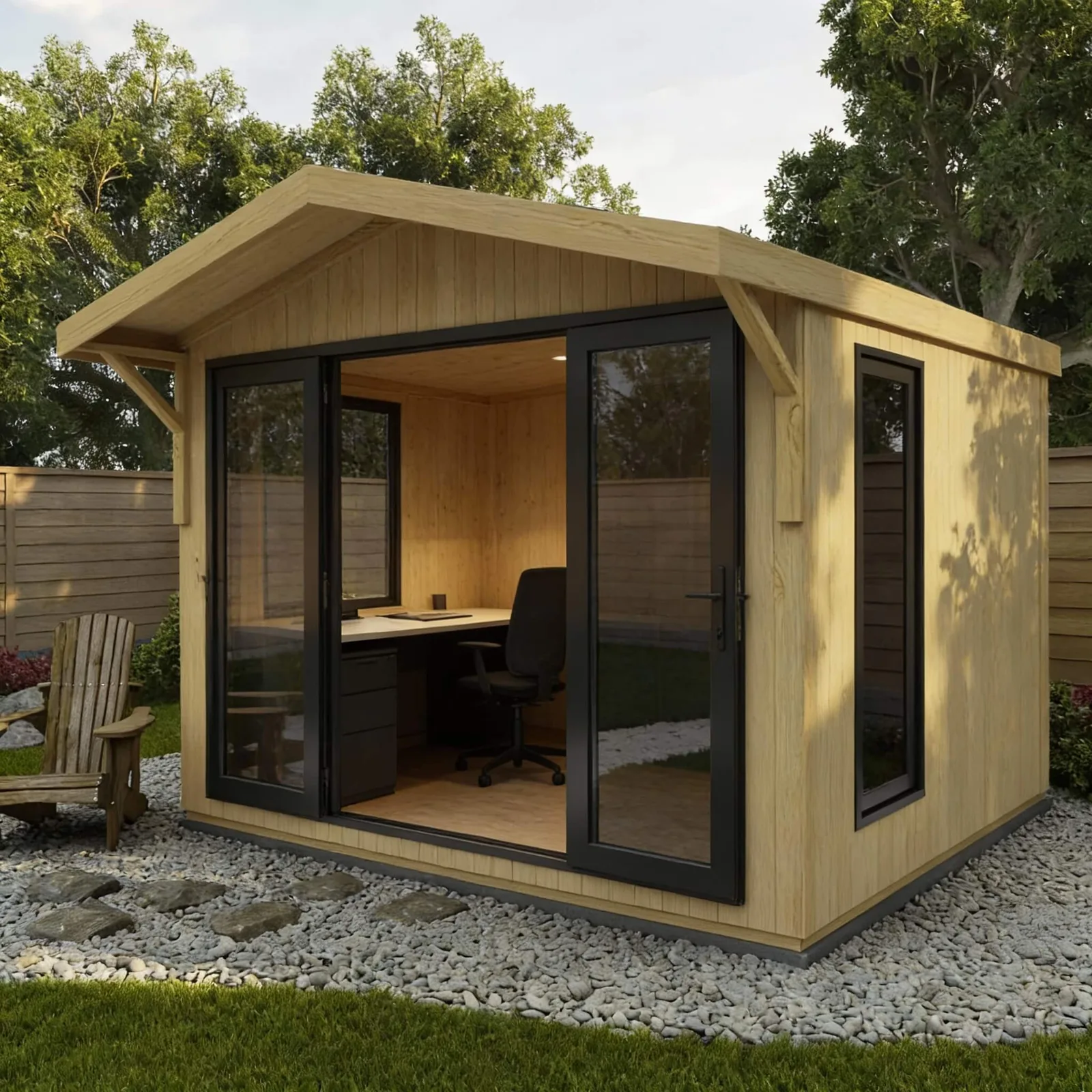 Timber garden office with large glazed doors and a desk inside