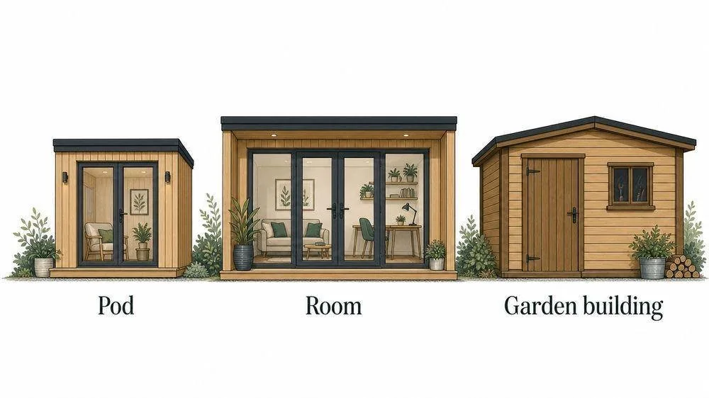 A garden pod, a garden room and a garden building shown side by side at their relative sizes