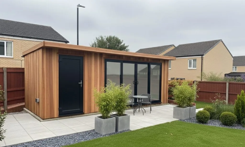 Cedar-clad garden room with a black door and bi-fold doors onto a paved patio