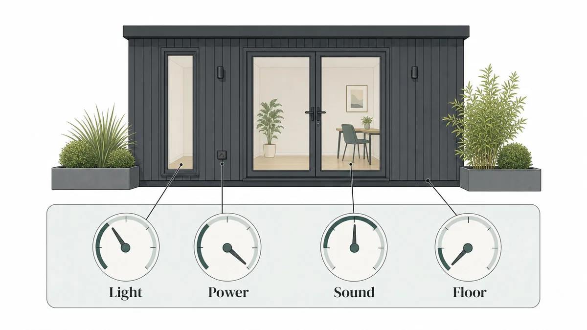 One garden studio shell above four dials for light, power, sound and floor, each turned to a different setting.