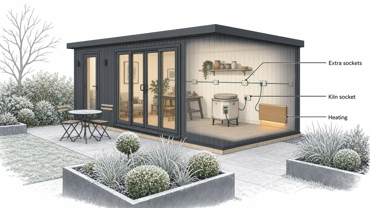 Cutaway of a garden studio in a frosty garden, showing extra sockets, a kiln plugged into a socket, and a heater.