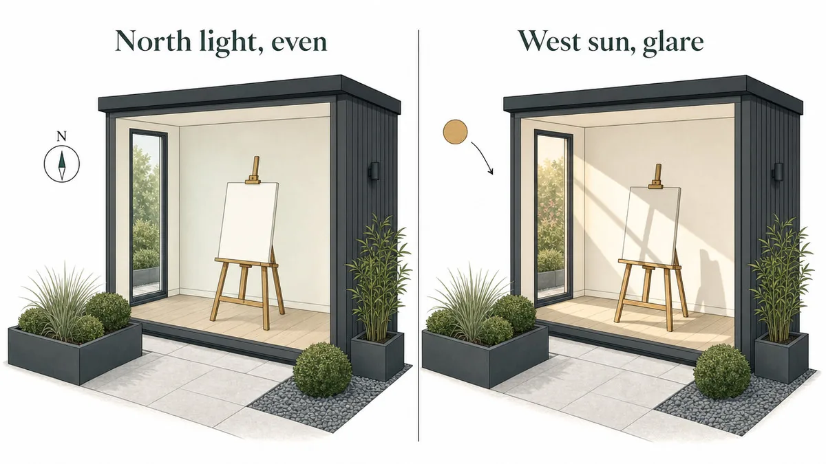 The same easel shown in even north light on one side and in harsh west sun with a hard shadow on the other.