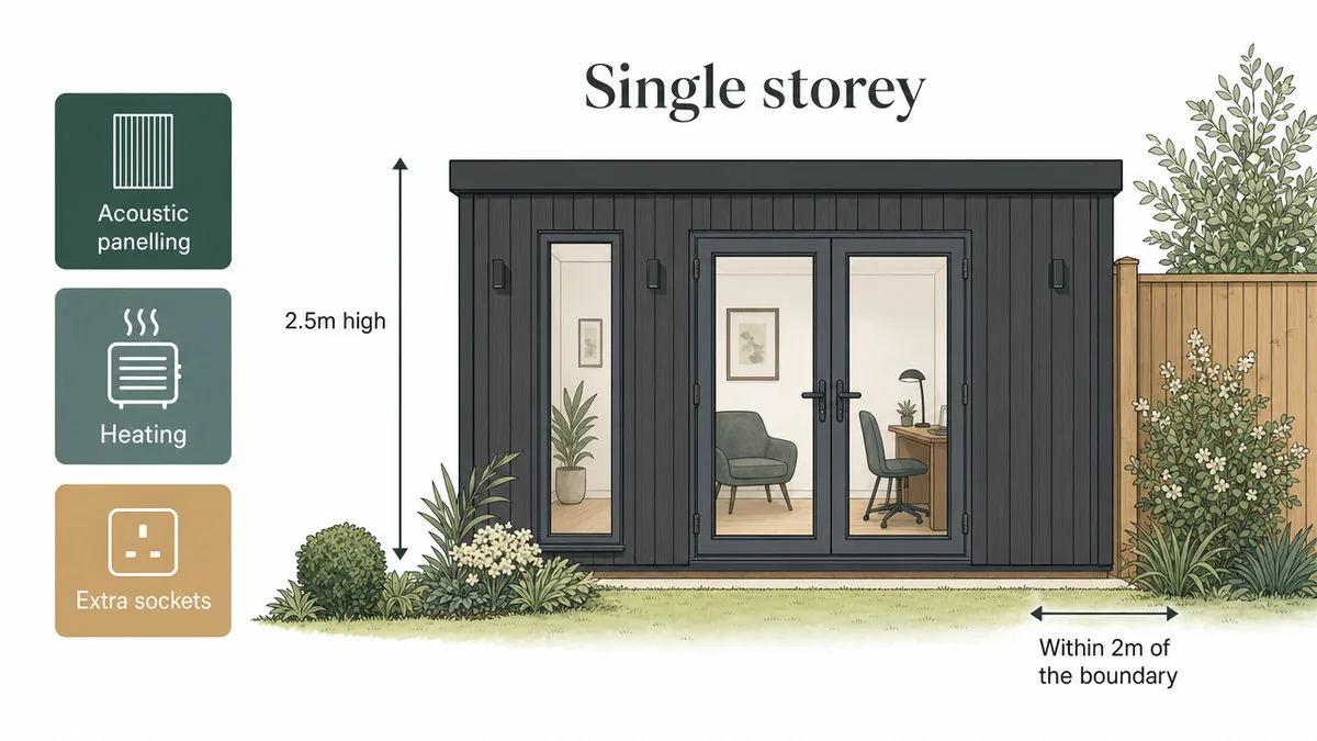 Side view of a single storey garden studio near a fence, with the 2.5m height and 2m boundary zone marked.