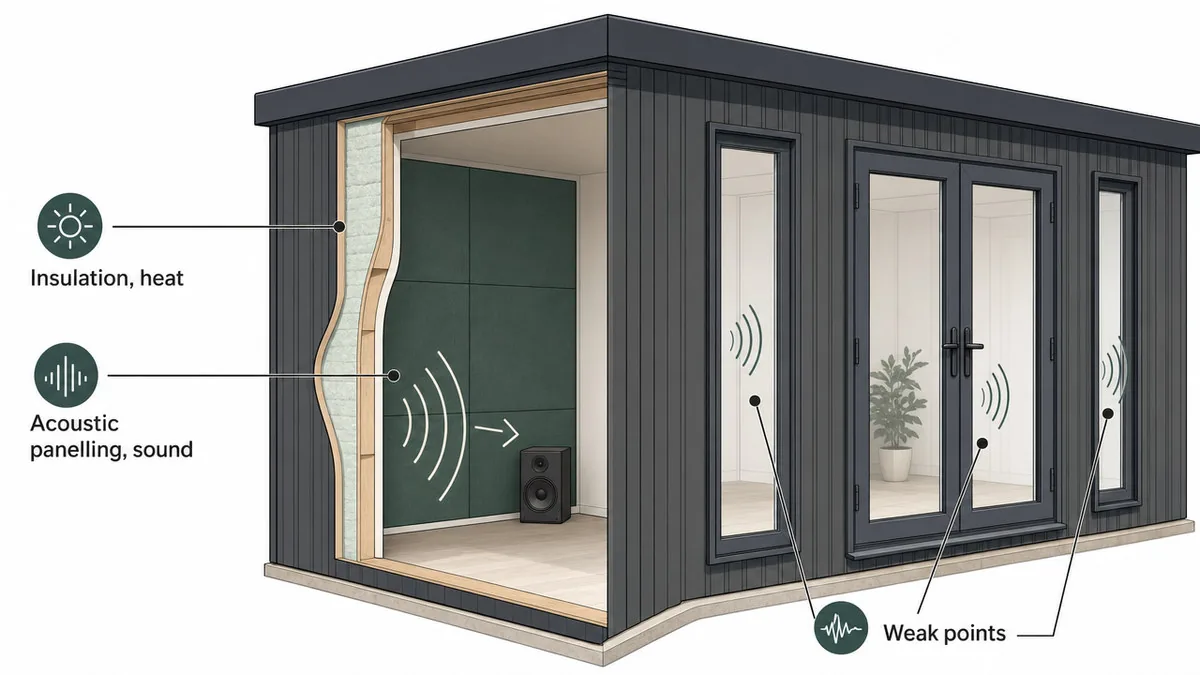Cutaway wall showing insulation for heat, acoustic panelling for sound, and sound escaping through a window and door.