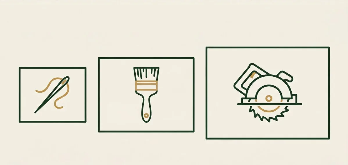 Icons for workshop uses: sewing and crafts, painting and power tools
