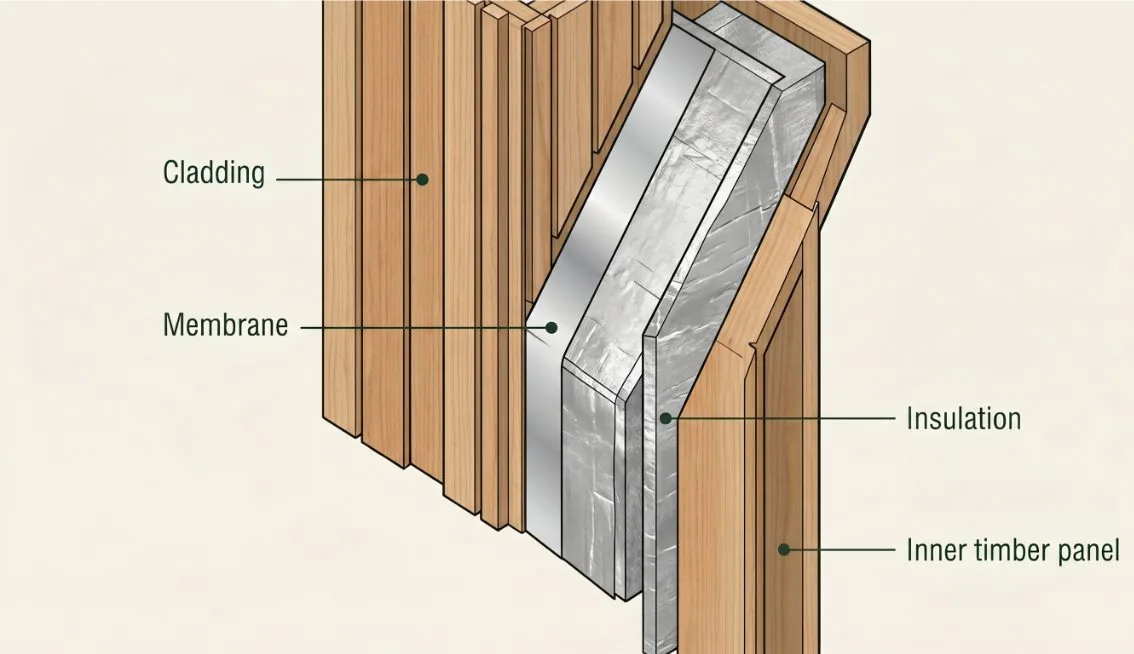 Cutaway of an insulated workshop wall: cladding, membrane, insulation and inner panel
