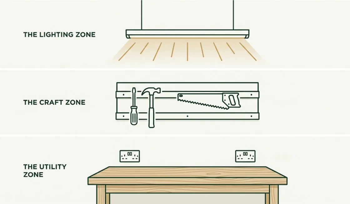 A workshop set out in three zones: lighting, craft and utility