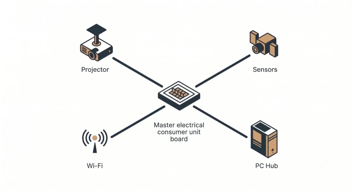 Wiring for a golf simulator room: projector, sensors, PC, Wi-Fi and the consumer unit