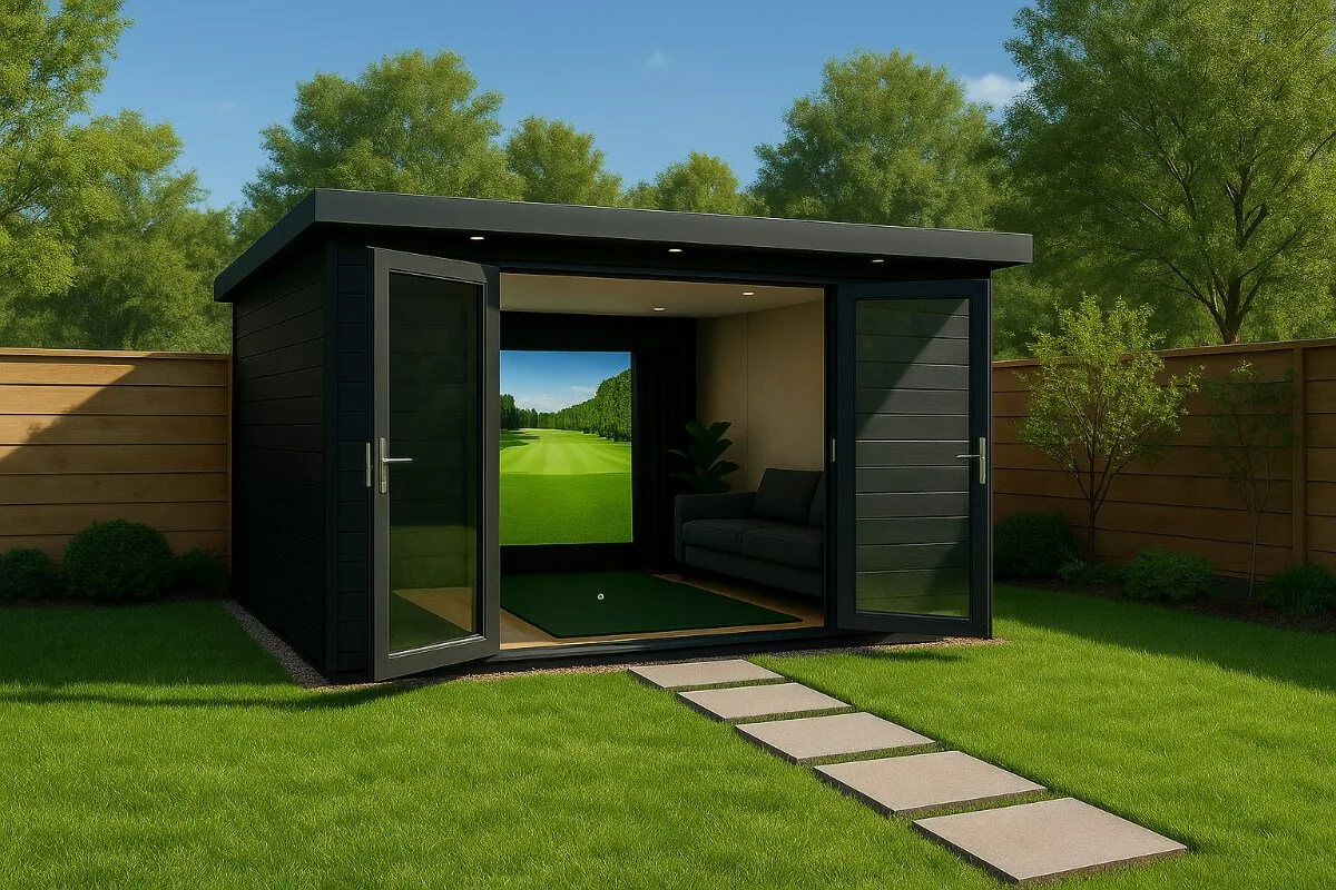 Black garden room with an open front showing a golf simulator screen