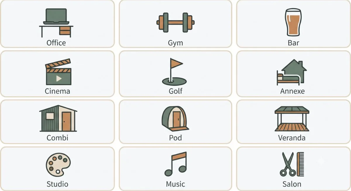 Icons for twelve garden room uses: office, gym, bar, cinema, golf, annexe, combi, pod, veranda, studio, music and salon