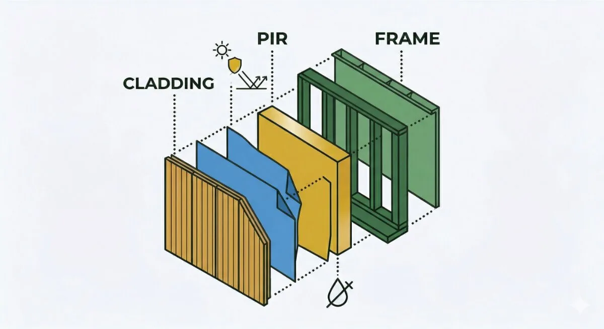 Cutaway of a garden room wall: cladding, PIR insulation and frame