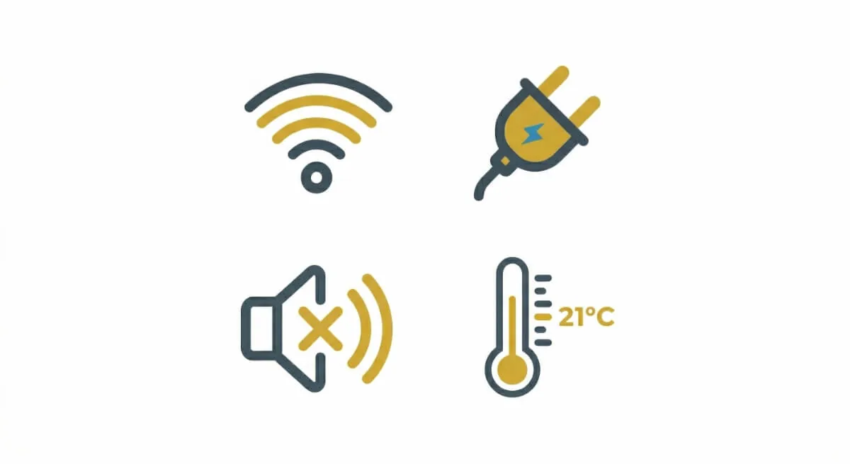 Icons for Wi-Fi, power, sound and temperature in an insulated garden office