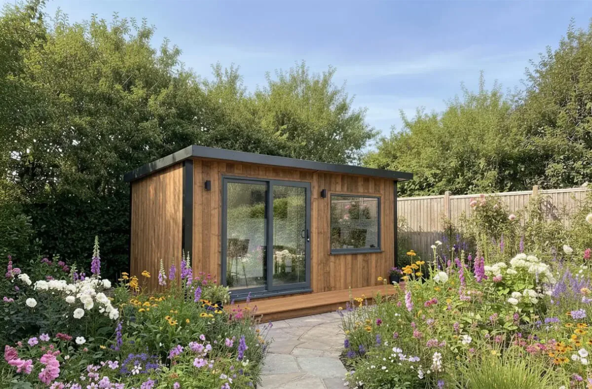 Garden room with glazed doors in a flower-filled garden