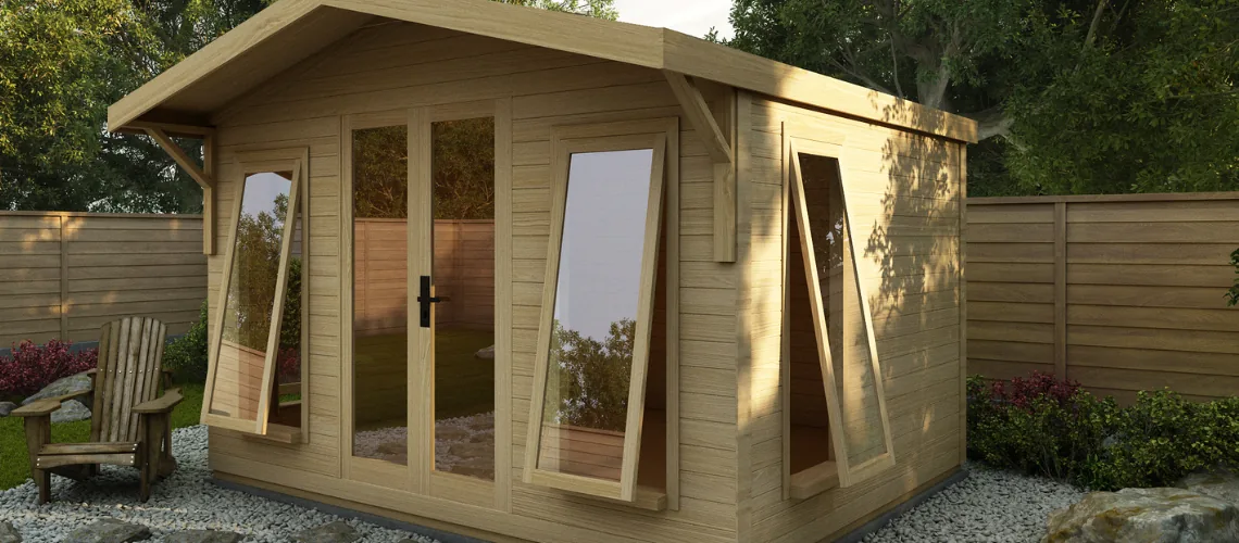 A basic timber summerhouse with glazed doors