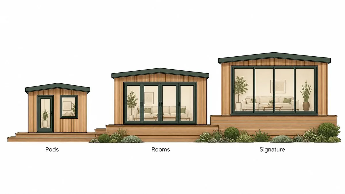 The Garden Pods, Garden Rooms and Signature ranges compared on ascending steps