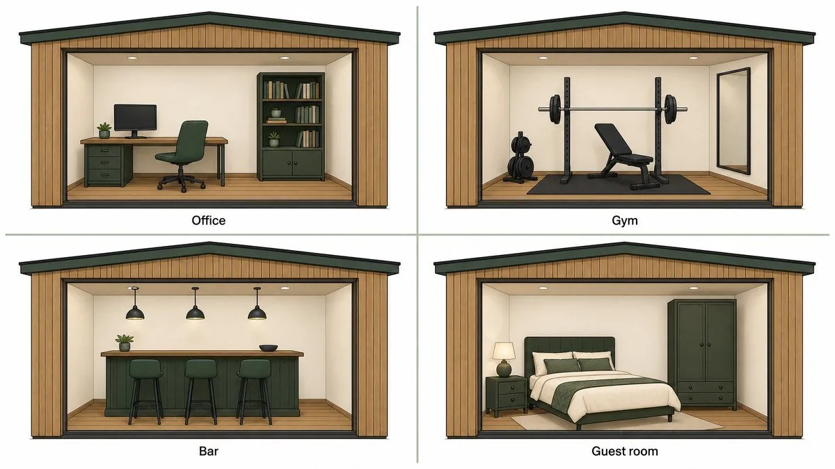 Luxury garden rooms used as an office, a gym, a bar and a guest room