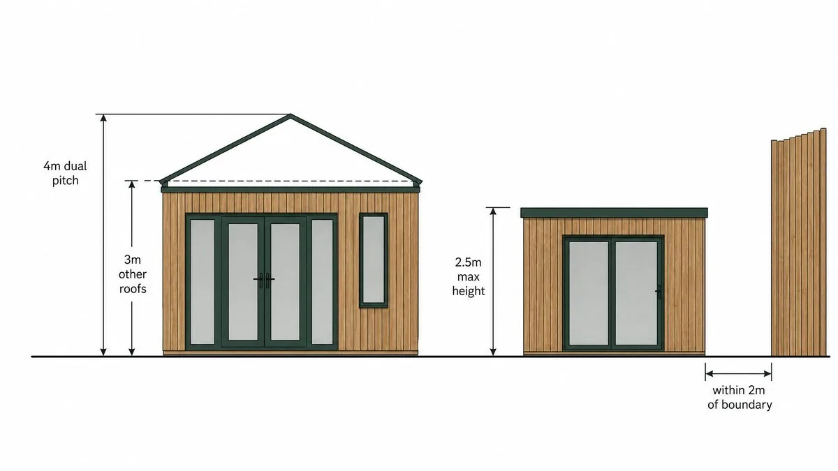 Side elevation showing permitted development height limits for garden rooms, including near a boundary