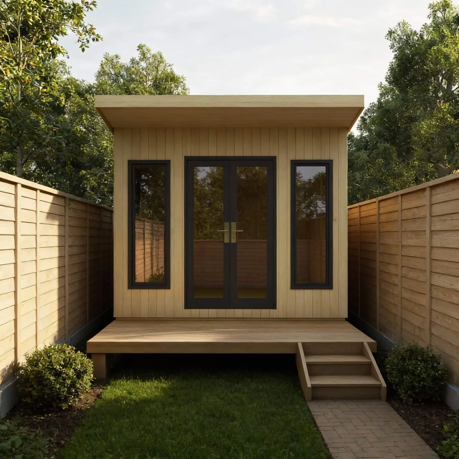 Small timber garden room with French doors and steps up from the lawn