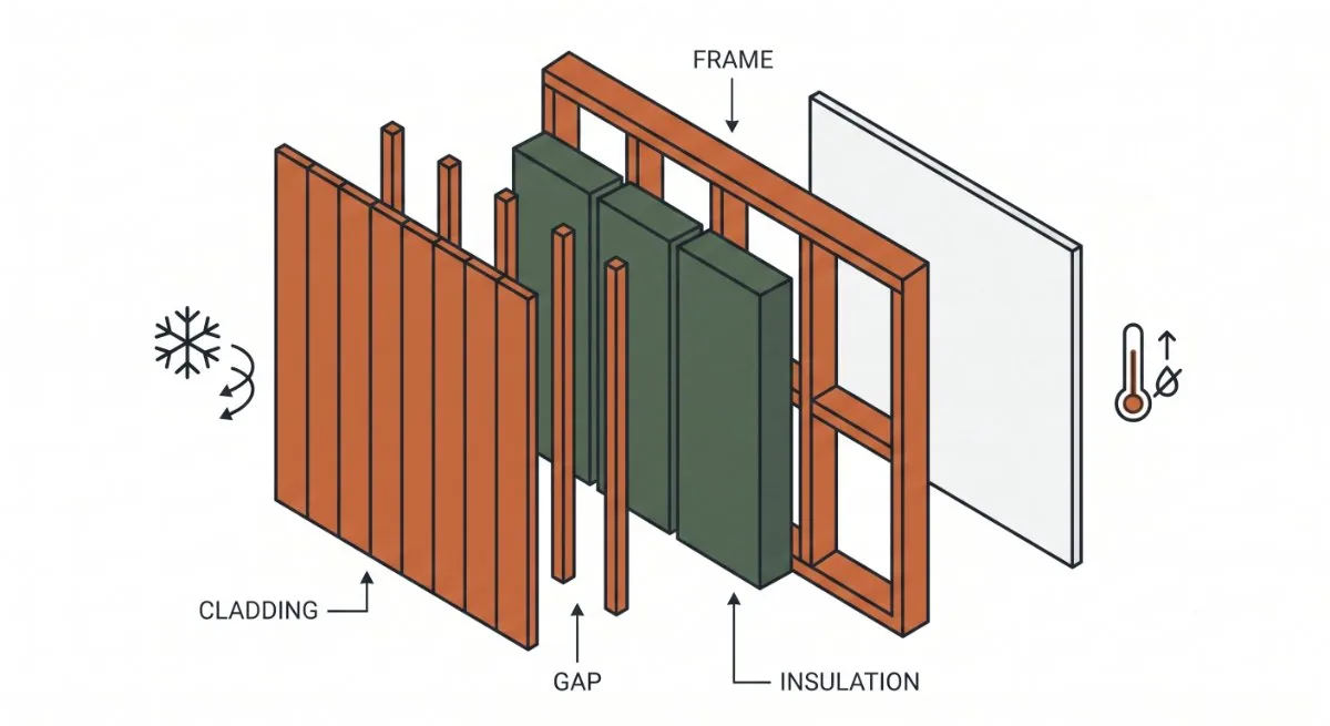 Exploded view of a timber workshop wall: frame, insulation, membrane, gap and cladding