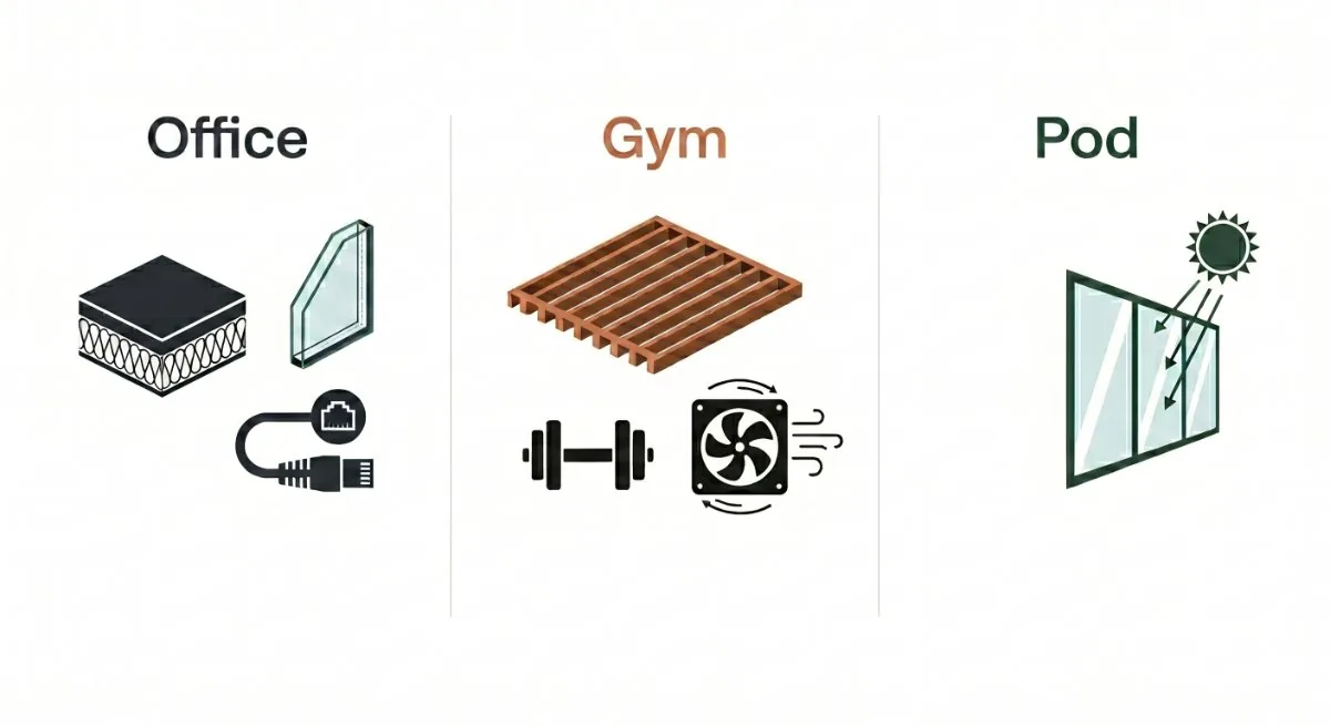 Icons for composite garden rooms used as an office, a gym and a pod