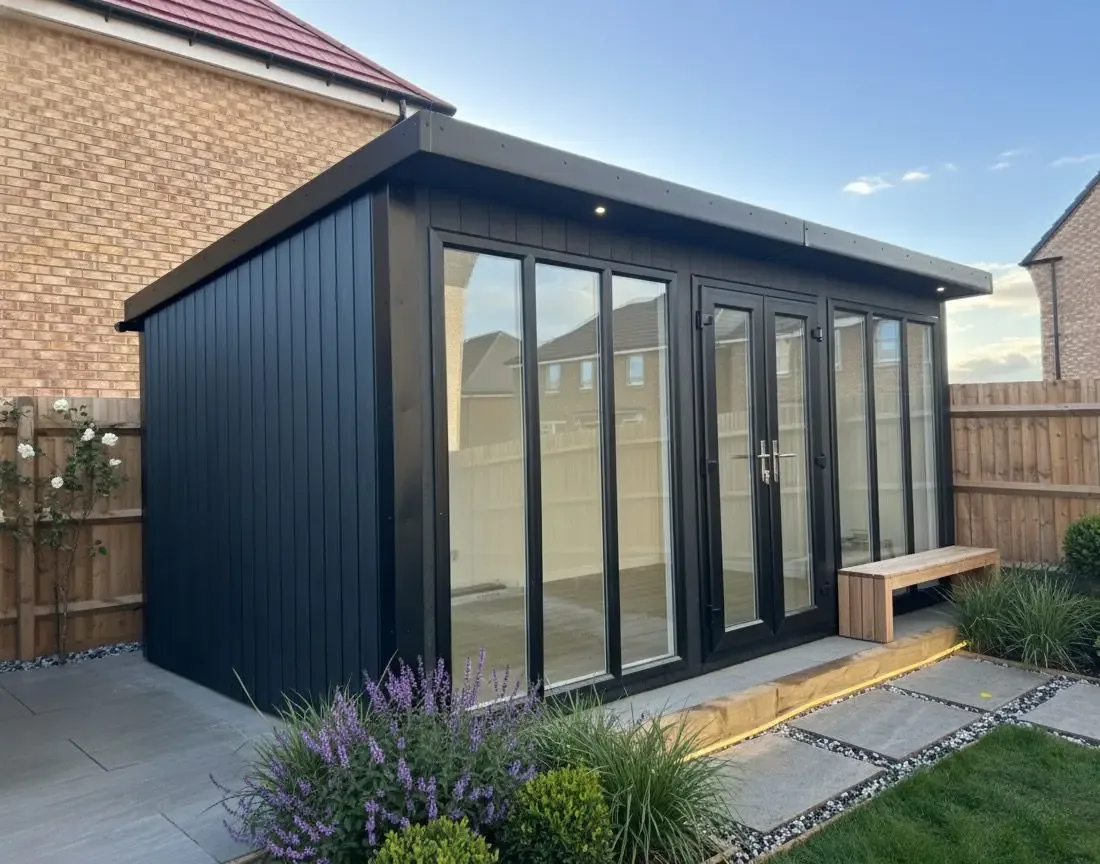 Black composite garden room with full-height glazing