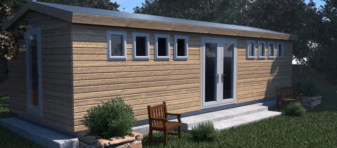 Timber garden room with white French doors and a bench outside