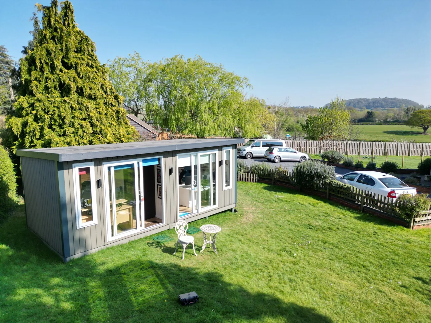 Aerial view of a Noah garden building in a Bromsgrove garden with countryside beyond