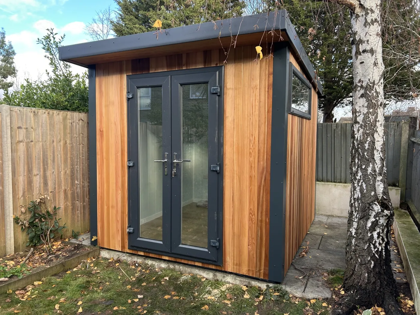 Cedar-clad garden pod with grey glazed doors beside a birch tree, with autumn leaves on the lawn and the roof edge