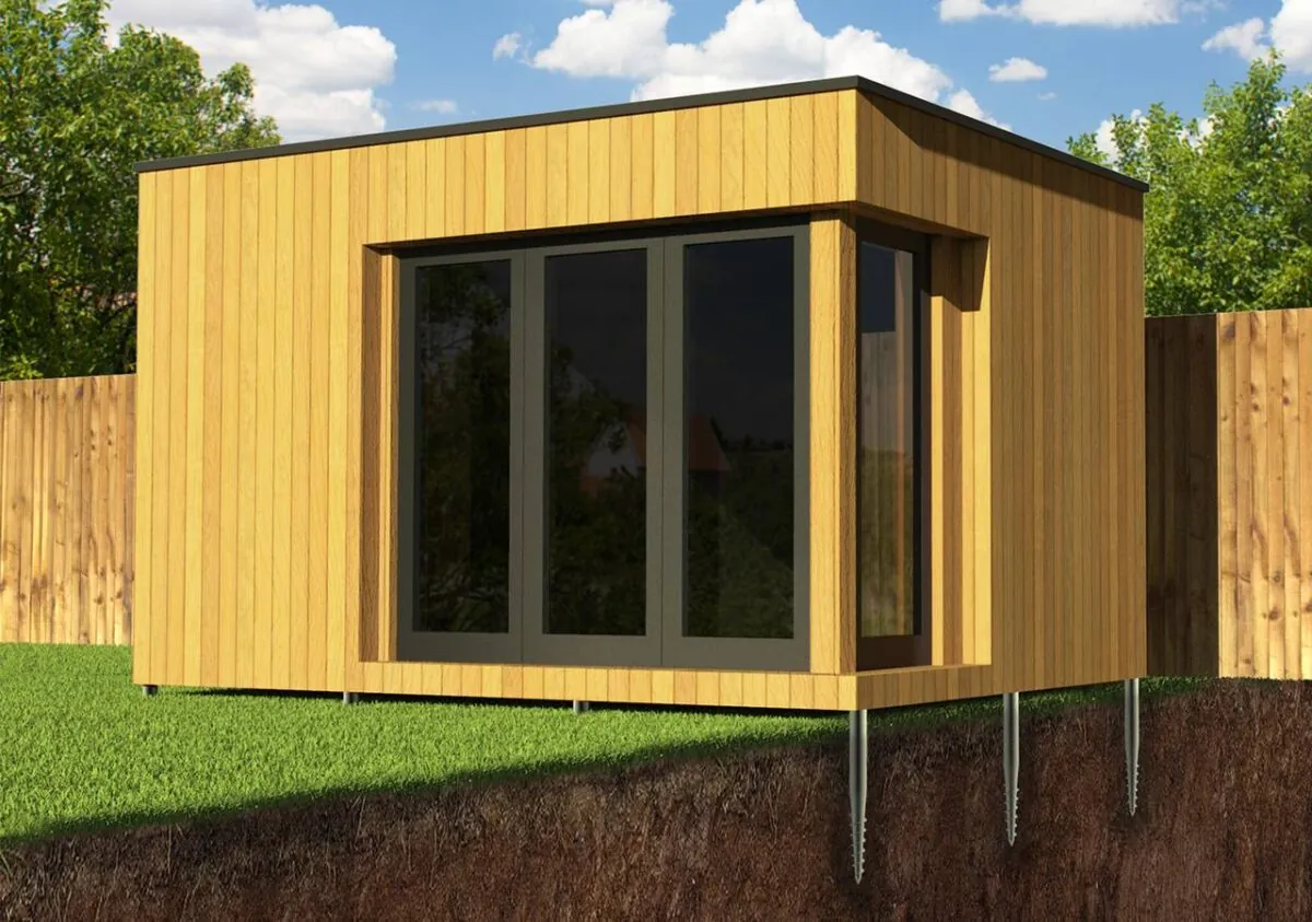 Illustration of a garden room standing on a ground screw base