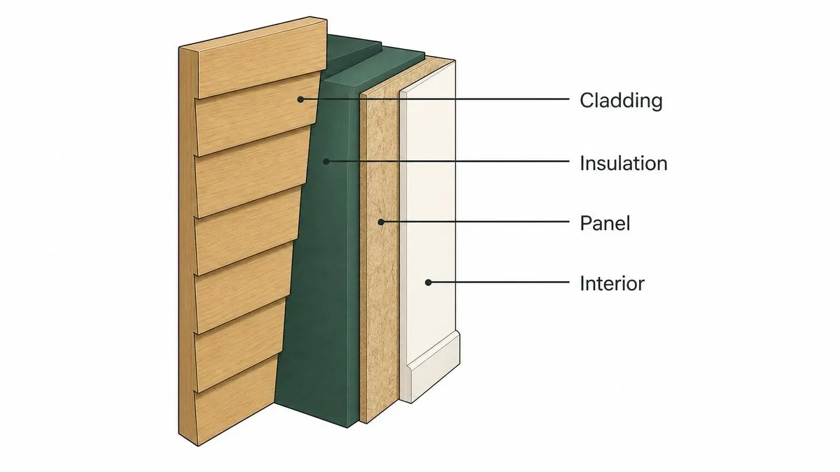 Garden room wall showing the cladding, insulation, panel and interior layers