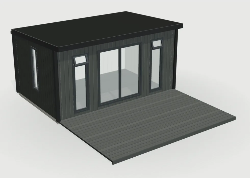 Charcoal composite Noah garden room with 10ft of charcoal composite decking across the front