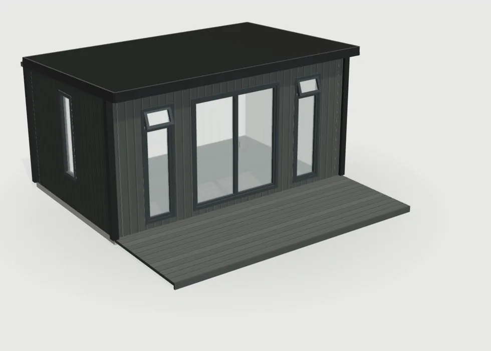 Charcoal composite Noah garden room with 6ft of charcoal composite decking across the front