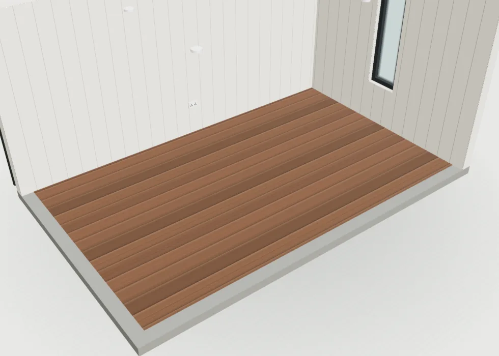 Configurator view inside a Garden Room with dark brown laminate flooring