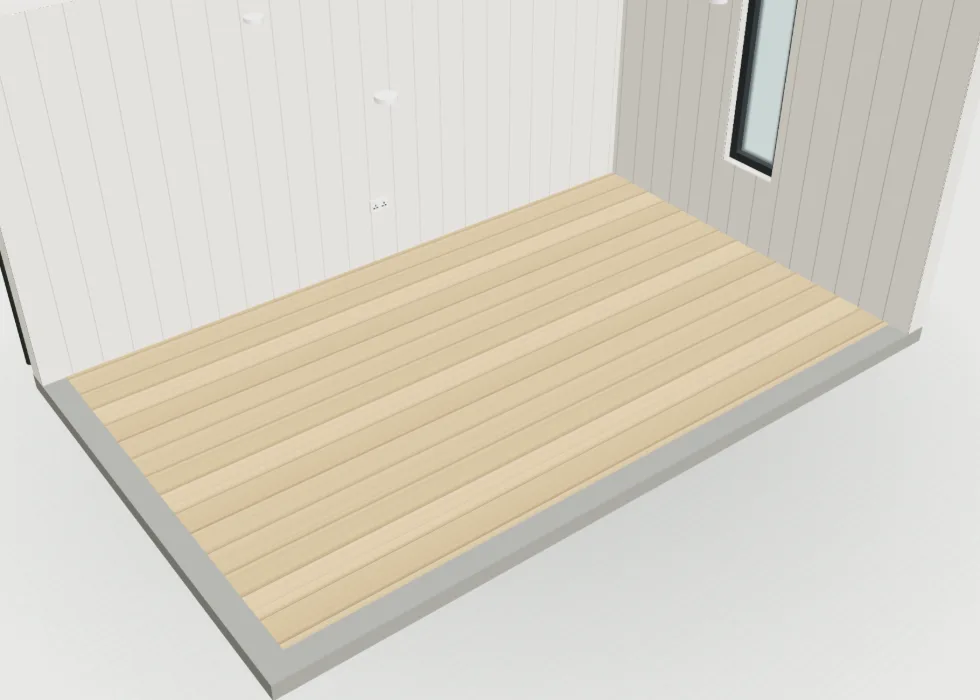 Configurator view inside a Garden Room with light brown laminate flooring