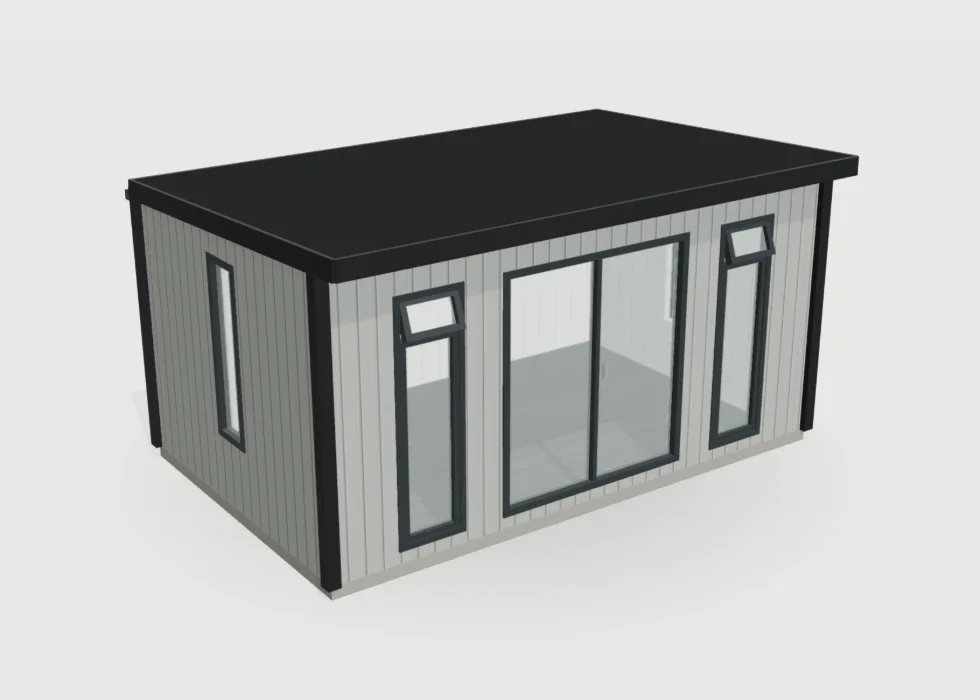 Configurator view of a light grey garden room with anthracite door and window frames
