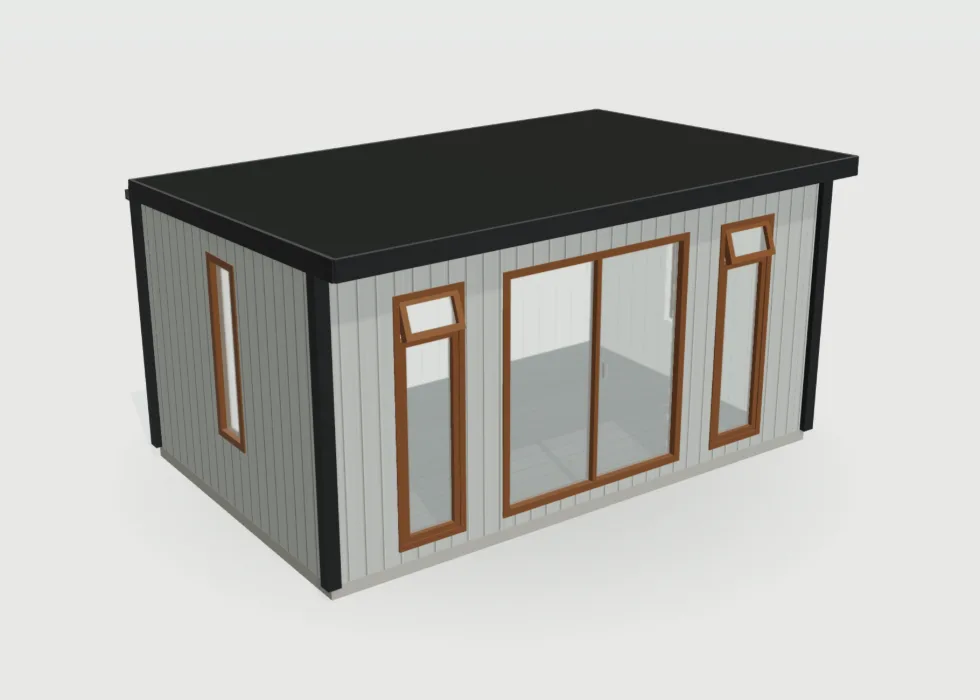 Configurator view of a light grey garden room with brown door and window frames