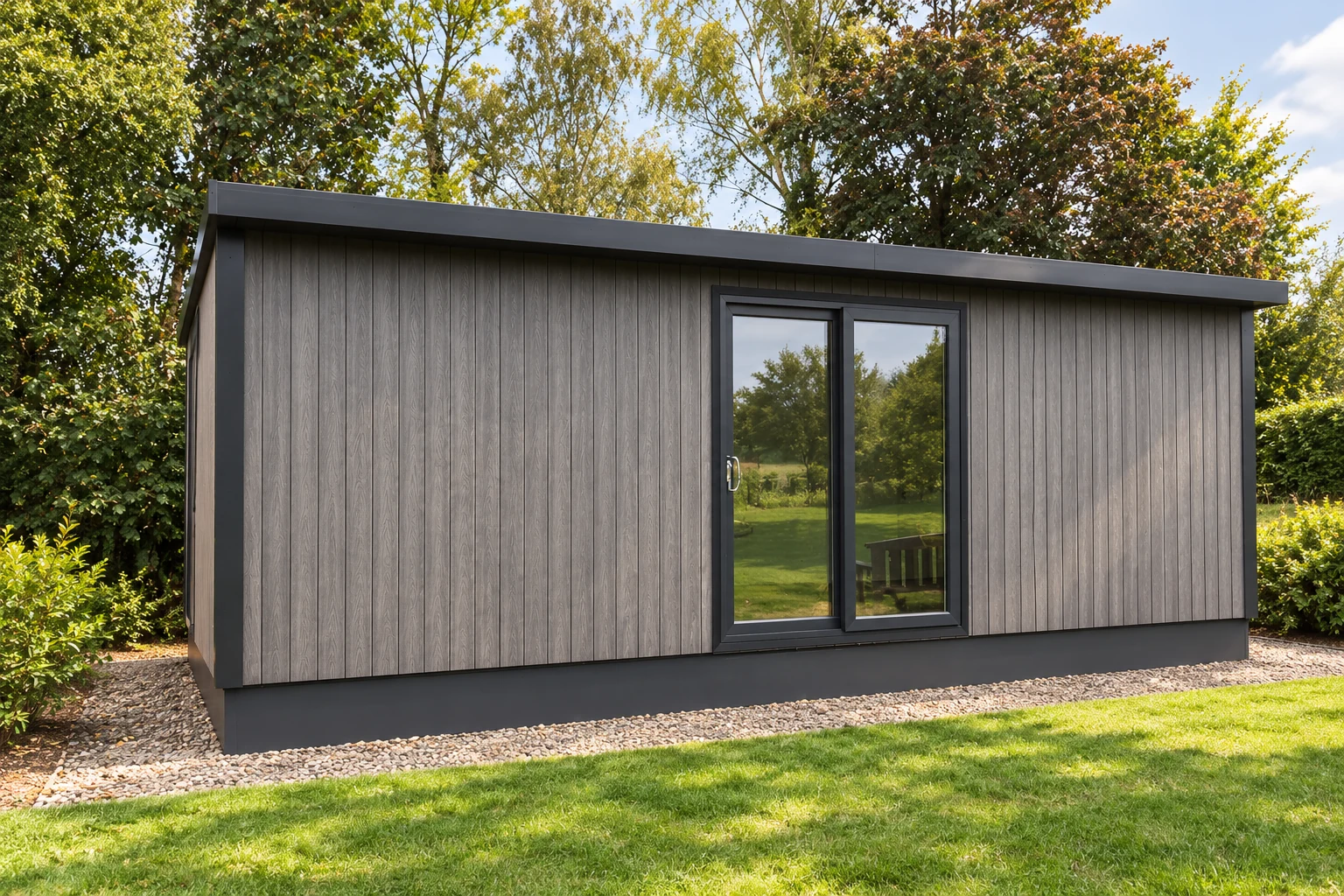 Grey composite Knighton garden room newly installed on a lawn