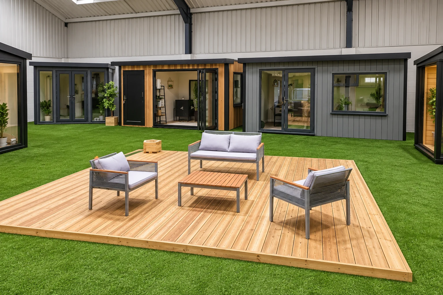 Display garden rooms around a decked seating area in the Noah indoor showroom in Telford