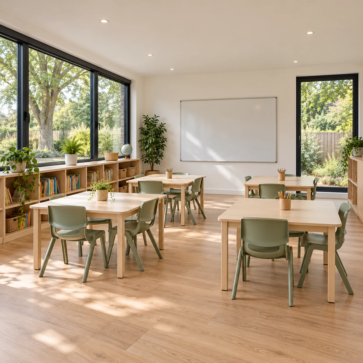 Bright modular classroom with tables and chairs