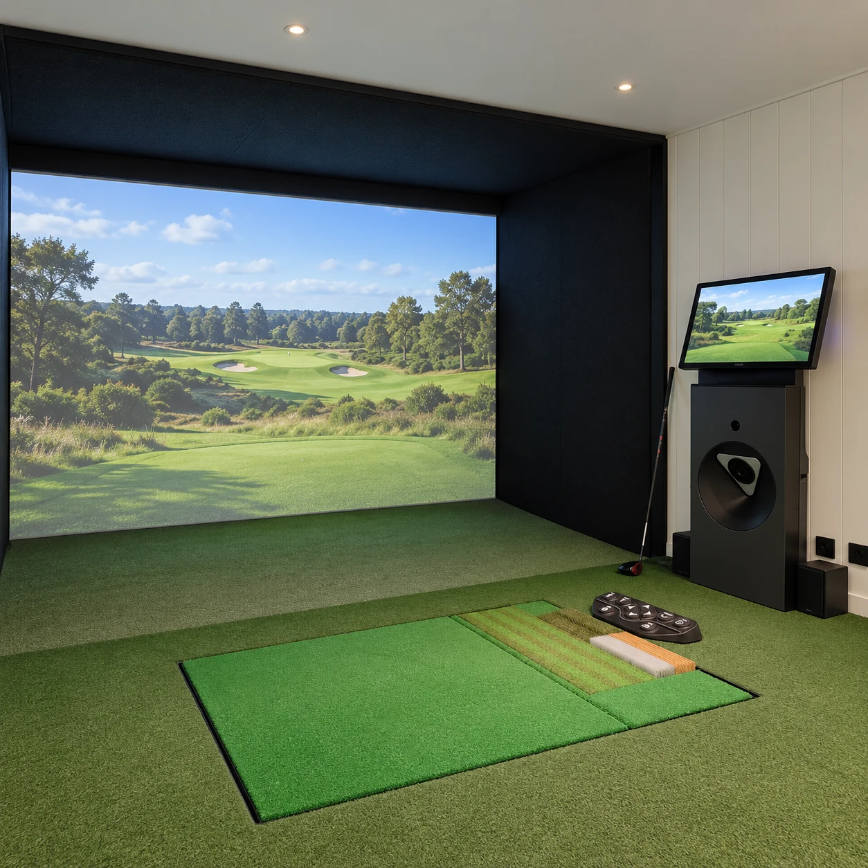 Noah garden-room golf simulator with green hitting mat and impact screen
