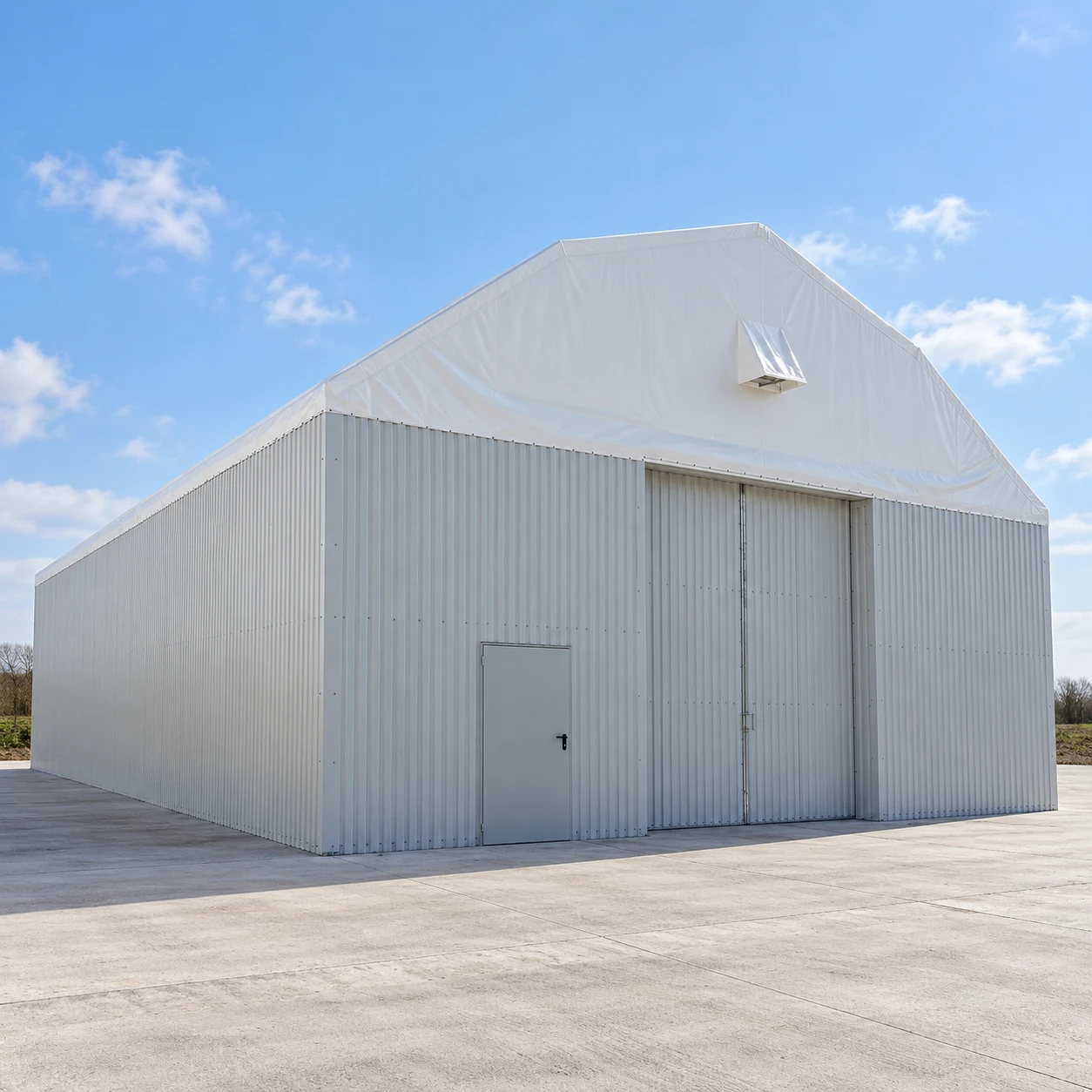 Temporary storage building with metal wall cladding and a white pitched roof