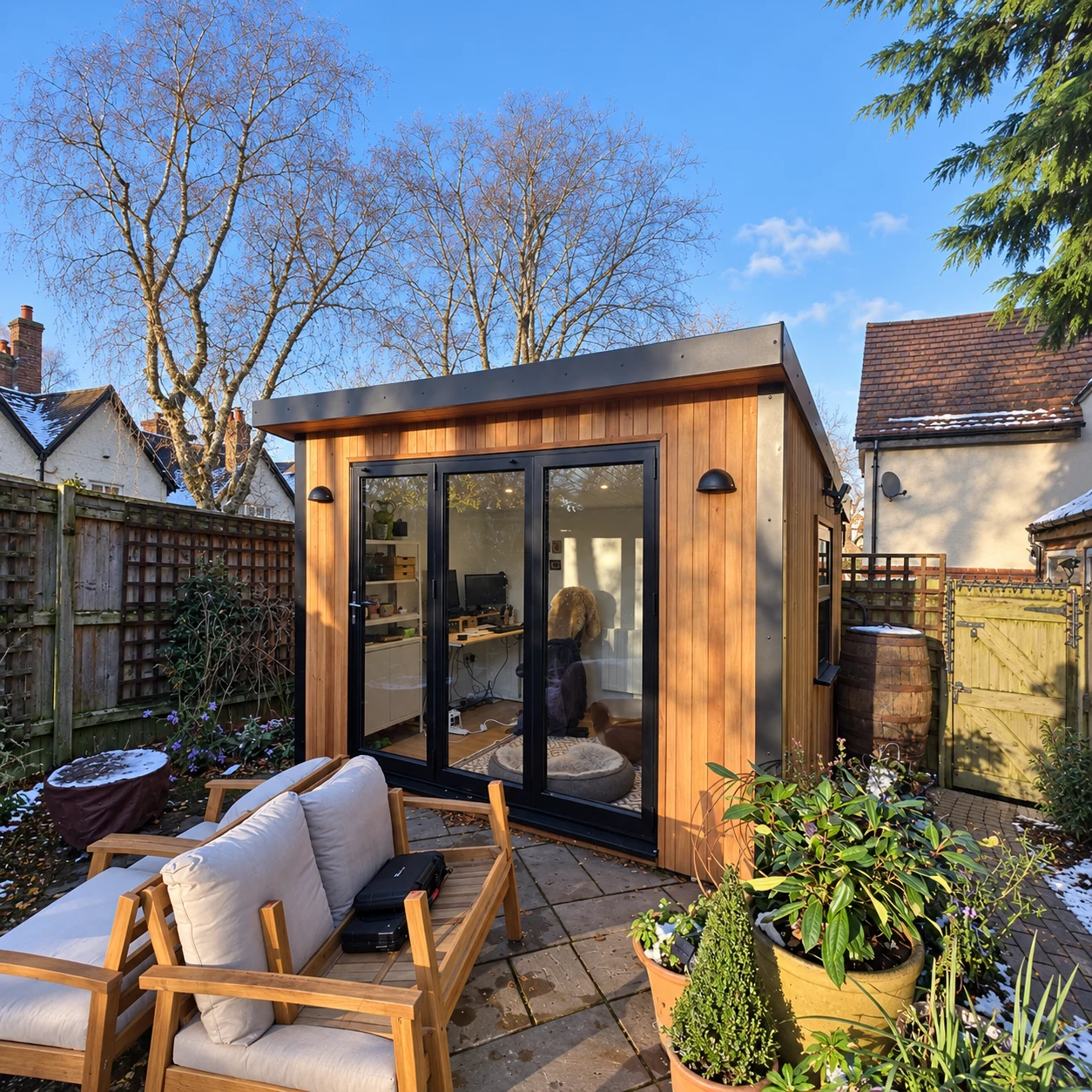 Cedar-clad Noah garden office with bi-fold doors on a Birmingham patio